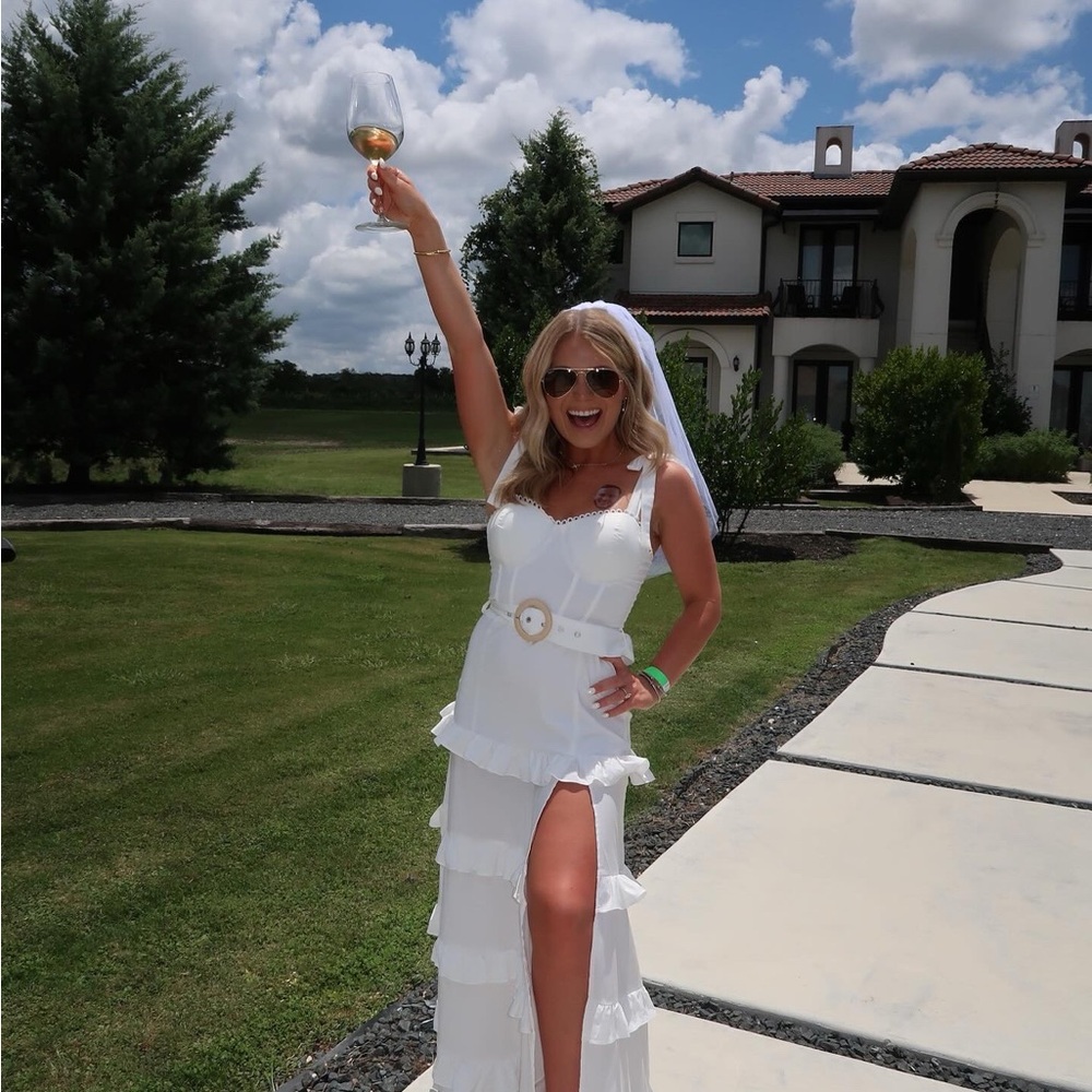 White Ruffled Maxi Dress with Belt